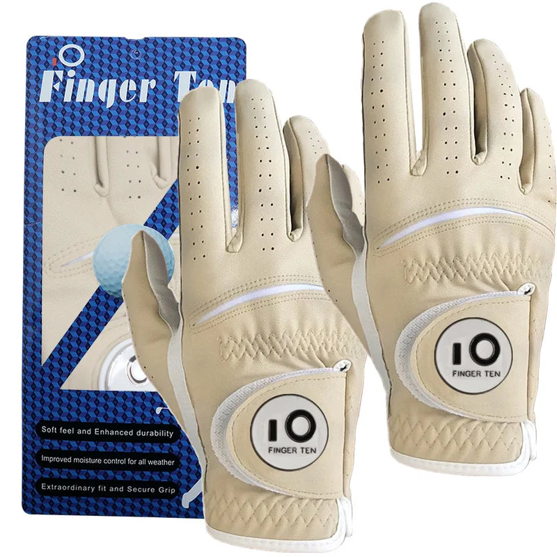 2 Pcs Soft PU Leather Men’s Golf Gloves – Cabretta-Feel, All-Weather Grip with Ball Marker |
