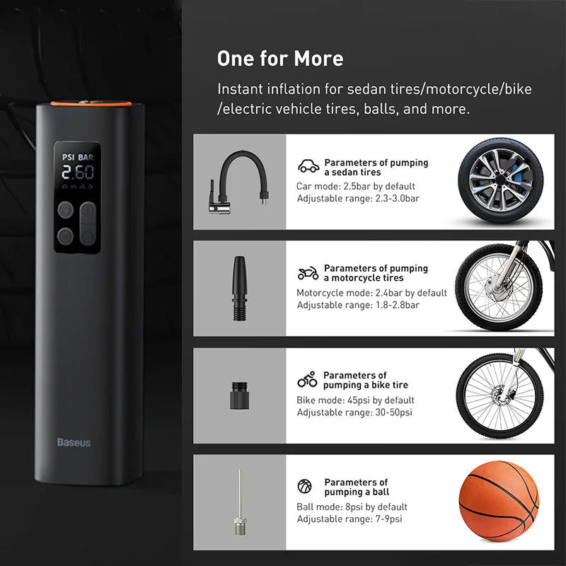 Baseus Mini Car Air Compressor – 12V Portable Tire Inflator | 150 PSI Smart Digital Pump for Car, Bicycle, Boat & Sports