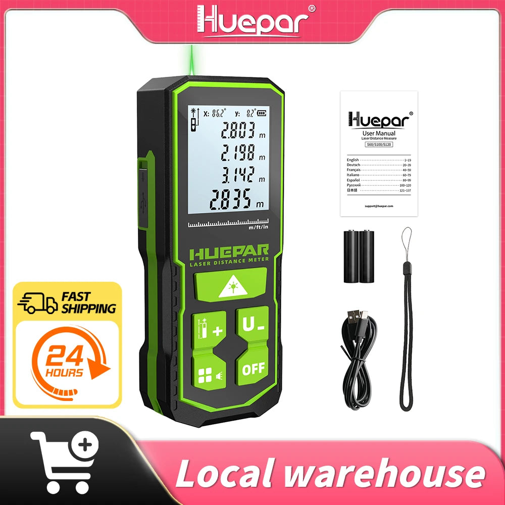 Huepar Digital Laser Distance Meter – Green Beam Rangefinder | 60M / 100M / 120M Laser Tape Measure