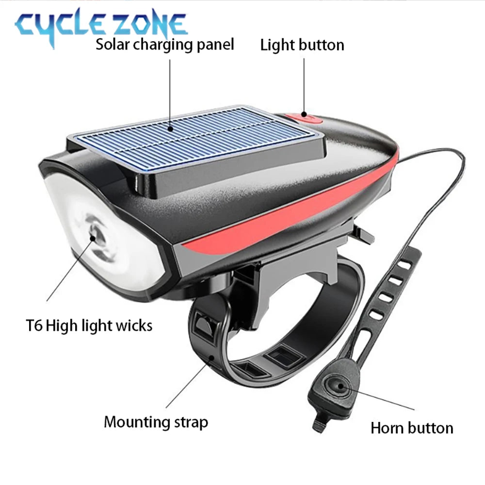 Solar Bike Light with Horn – LED Headlamp & Bell for Bikes