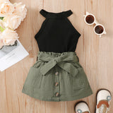 Girls' Sleeveless Off the Shoulder Top Lace Up Bow ButtoShort Skirt