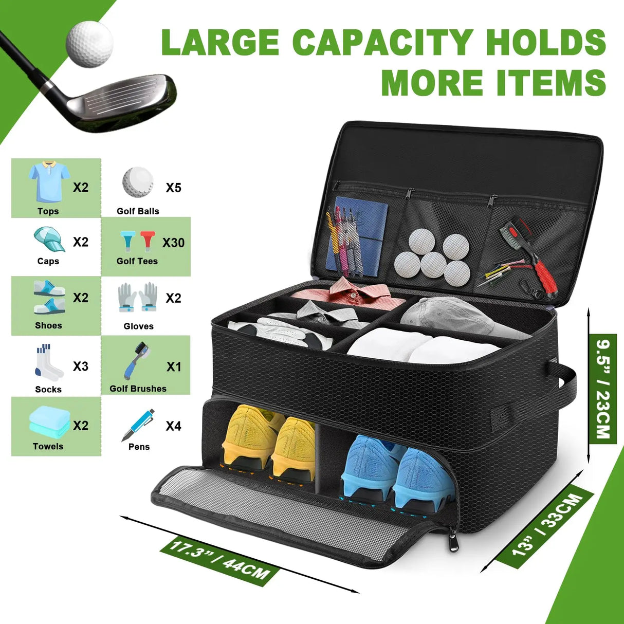2-Layer Golf Trunk Organizer – Waterproof & Durable Golf Storage Bag for Car | Organize Golf Shoes, Balls, Tees & Accessories