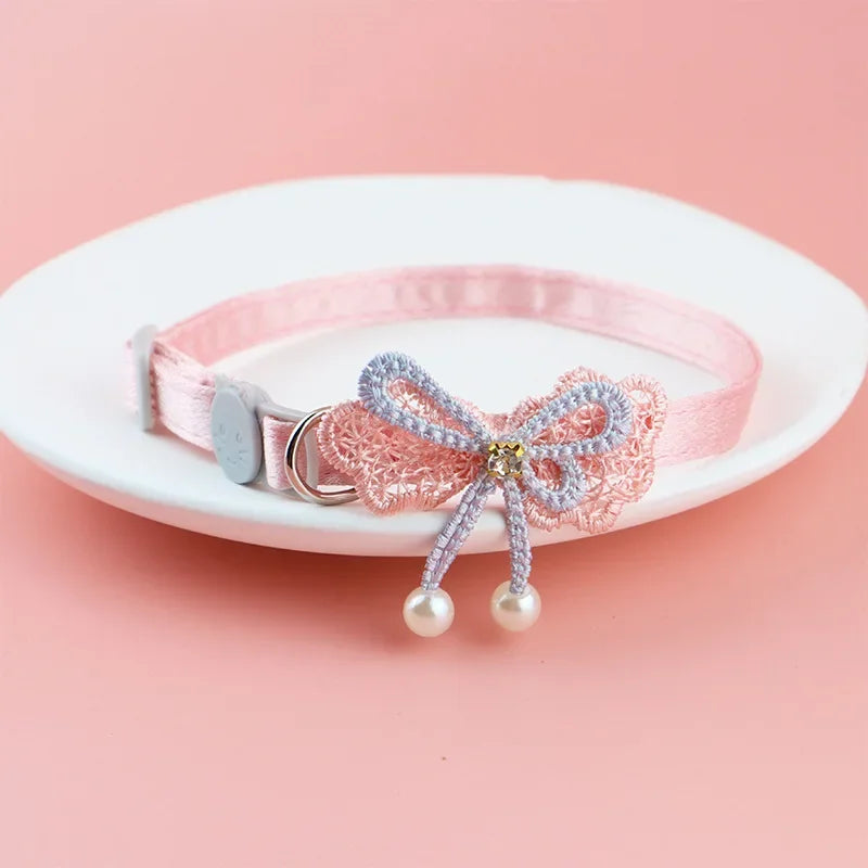 Pet Collar Pink Lace Bow Cat Choker Bell