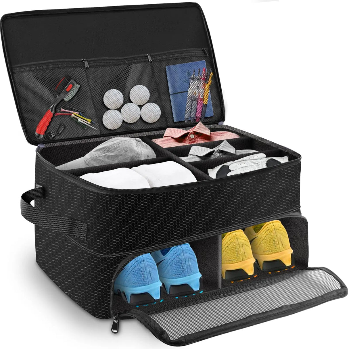 2-Layer Golf Trunk Organizer – Waterproof & Durable Golf Storage Bag for Car | Organize Golf Shoes, Balls, Tees & Accessories